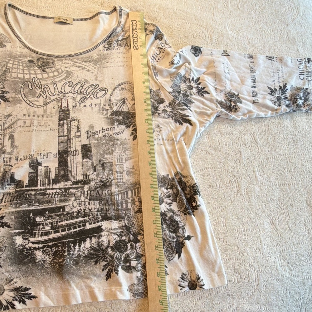 Cactus Chicago Floral Rhinestone Knit Top White Black 3/4 Sleeve Womens M - Picture 6 of 7